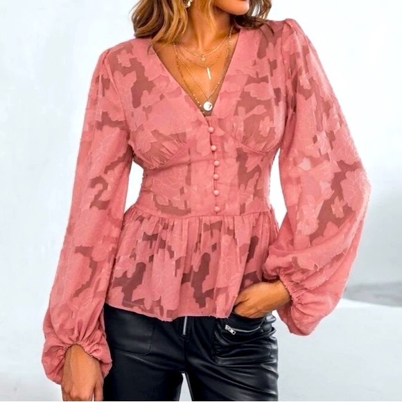 Tops - Chiffon Long Sleeve Blouse Floral Lace Embroidered Peplum Sheer Pink Satin Knit